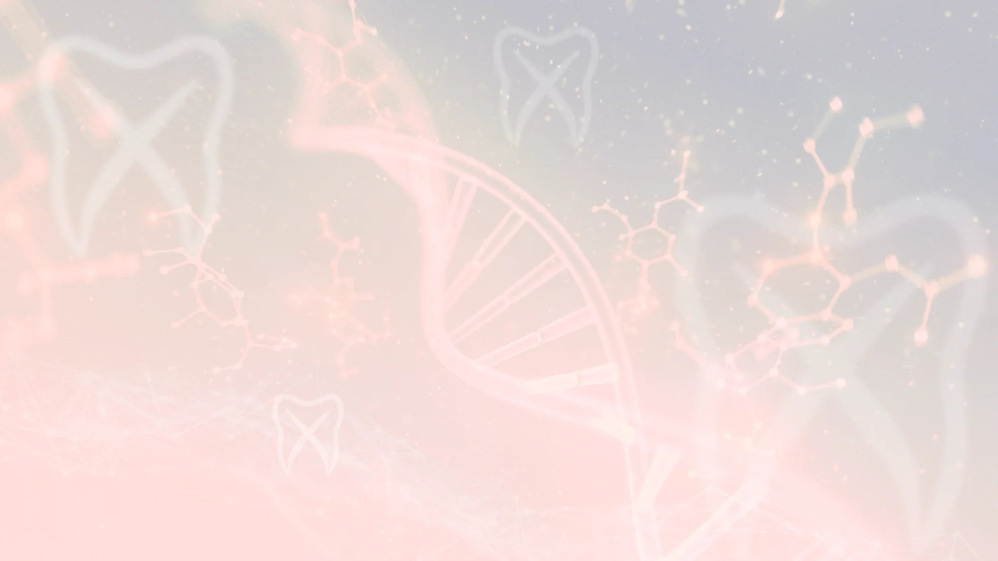 Faint pastel illustration of a DNA double helix, molecular structures, and outlined tooth icons on a soft pink and blue gradient background.