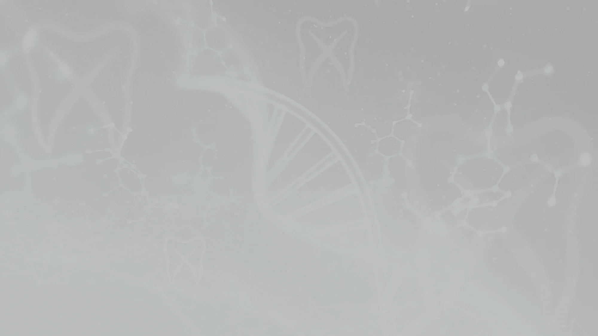 Faint DNA double helix, tooth outlines, and molecular structures on a light gray background, creating a scientific and dental-themed abstract design.