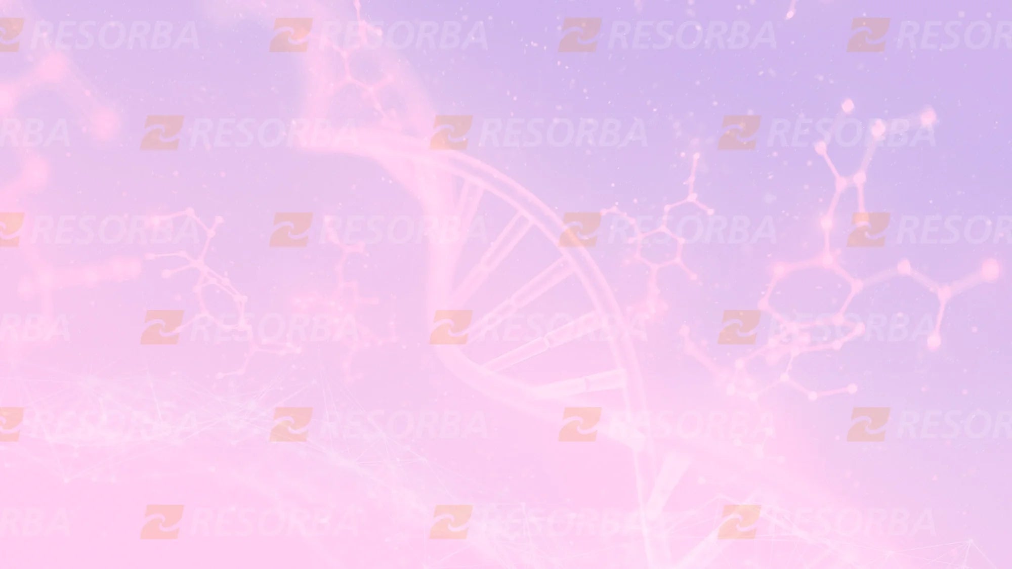 Faint image of a DNA double helix strand with molecular structures over a pink and purple gradient background, featuring repeating RESORBA logos and a soft, scientific theme.