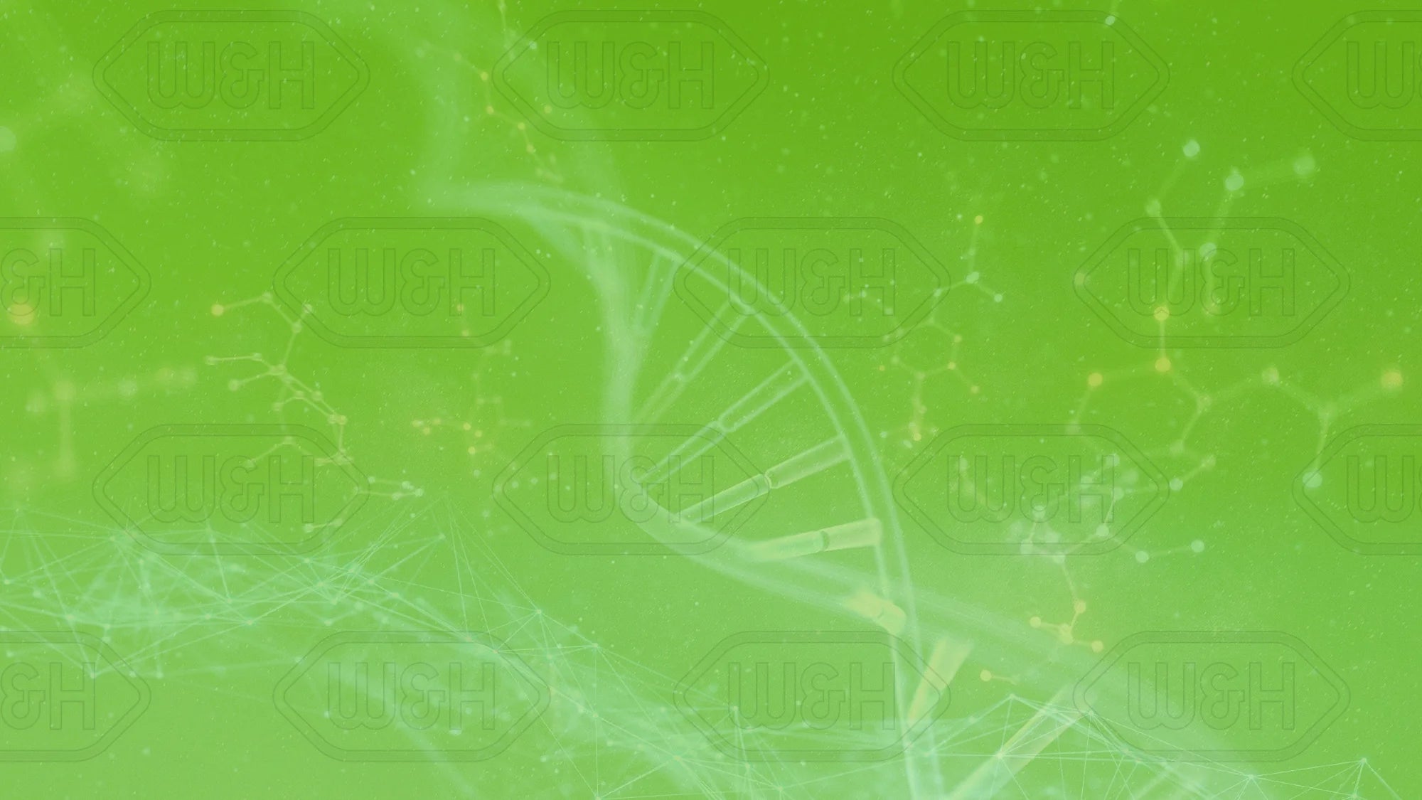 A green digital background featuring a prominent DNA double helix, molecular structures, and network-like lines, giving a scientific and technological impression.
