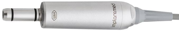 Close-up of the W&H Spare Motor Cable for Implant Motors attached to a dental handpiece, designed for use with W&H implant motor control units during implant procedures.