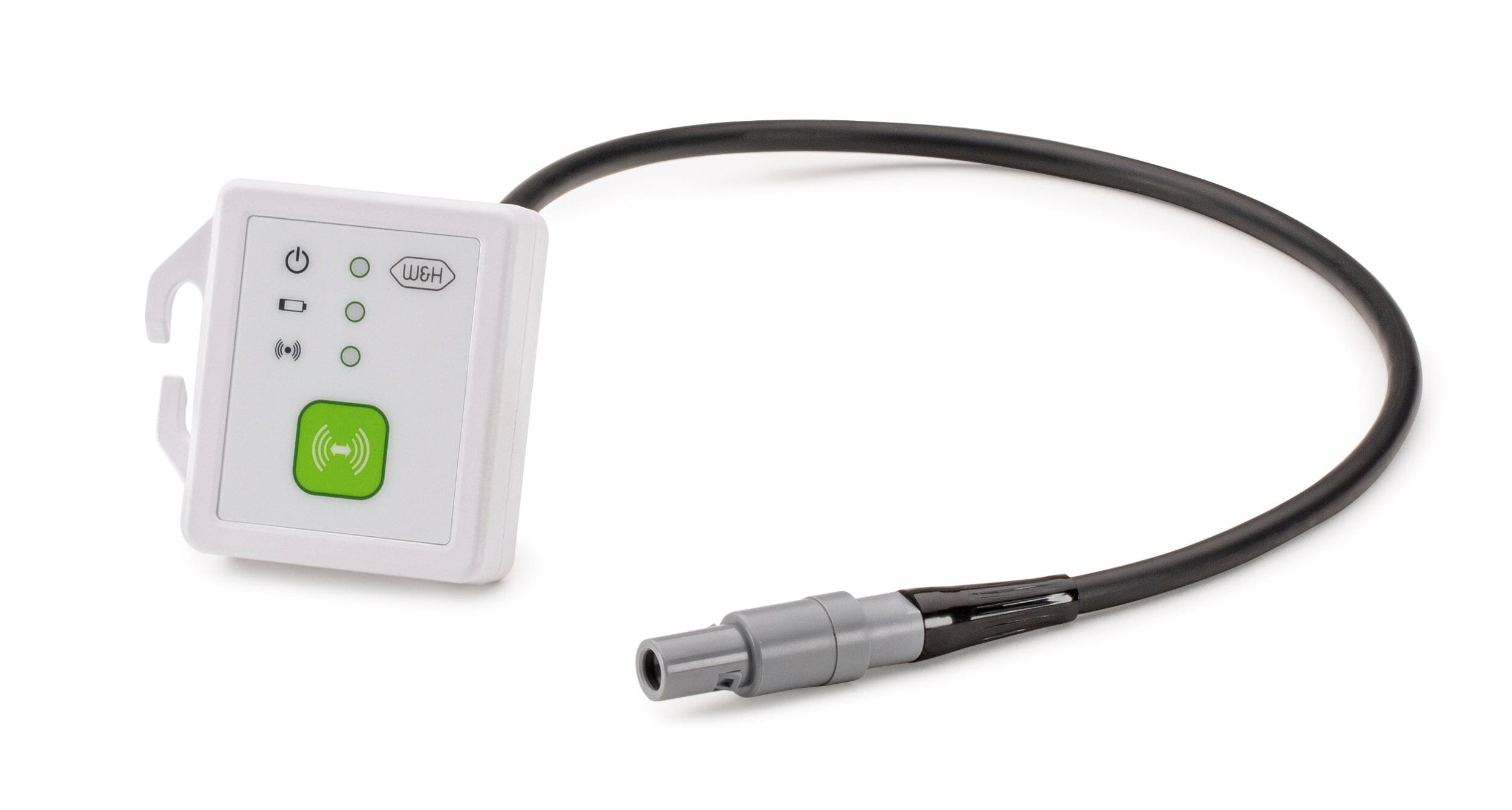 A W&H Wireless SPI Dongle only (no foot control) for Implantmed SI-915 2011 white unit, Elcomed SA-310, or Piezomed SA-320 is shown with indicator lights and a green button, connected via black cable to a gray cylindrical connector.