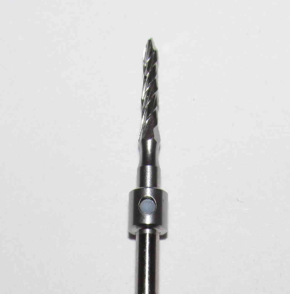 A close-up of the Dentech Lindemann Bur 2.3mm (167RF/023) – Internally Irrigated, featuring a cylindrical base and tapered spiral cutting tip, shown against a plain white background. Designed for precision with internal irrigation.