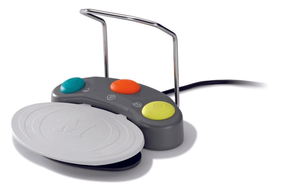 The W&H Foot Control for Implant Motors and Surgical Systems features a gray adaptive design with three colored buttons (blue, orange, yellow), a large white button, metal support bar, and cable—ideal as an upgrade or replacement for enhanced accessibility.