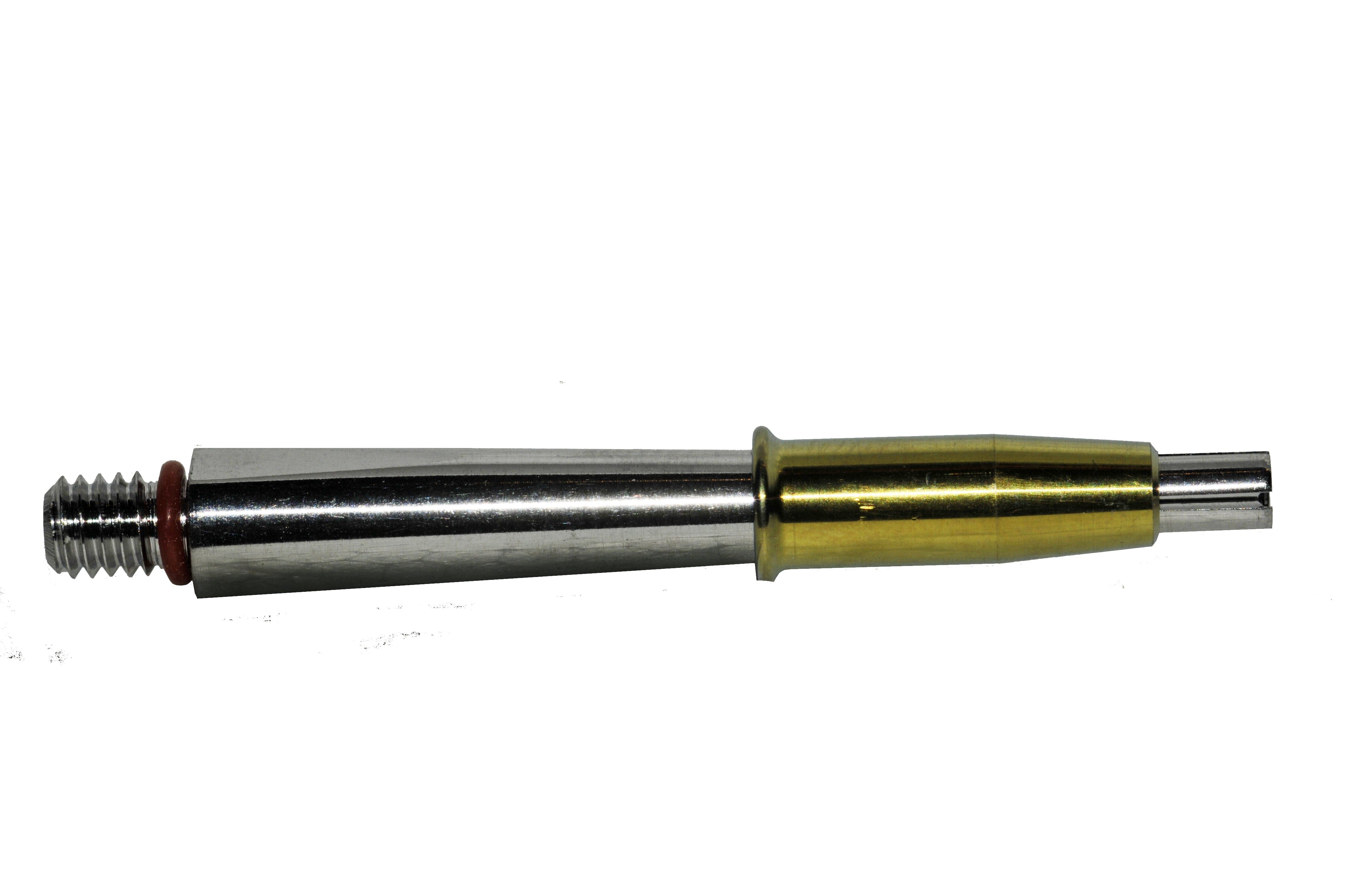 The McBio Applicator tip (regular) SP with indexable stop features a silver body, left-side threaded end, and gold-colored indexable stop, shown against a white background.