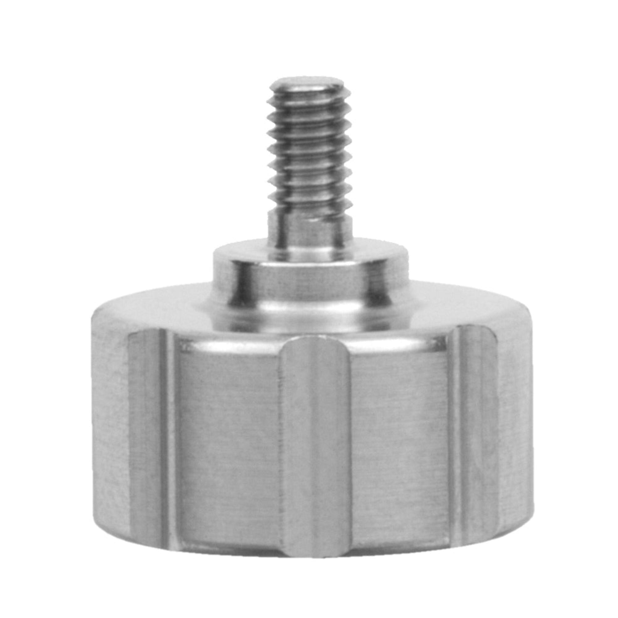 The Hu-Friedy Bone Mill, Set Screws & Milling Handle features a metallic cylindrical component with a threaded screw on top and a grooved, hexagonal base, shown against a white background.