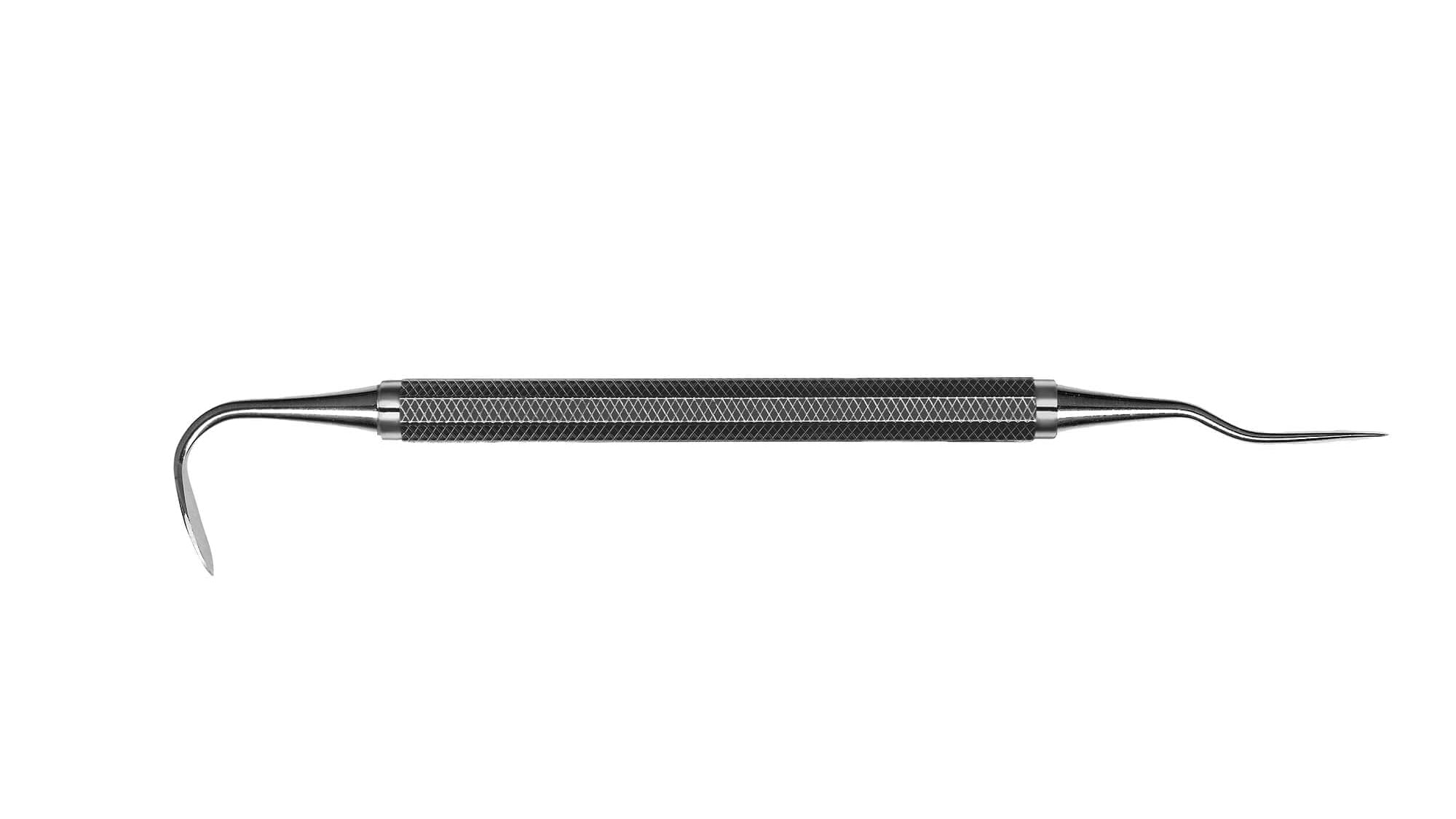 The Hu-Friedy #7 IMPLANT Instrument-522 Handle is a stainless steel dental tool with double-ended pointed tips and a textured handle, designed for examining teeth and detecting cavities, shown on a white background.