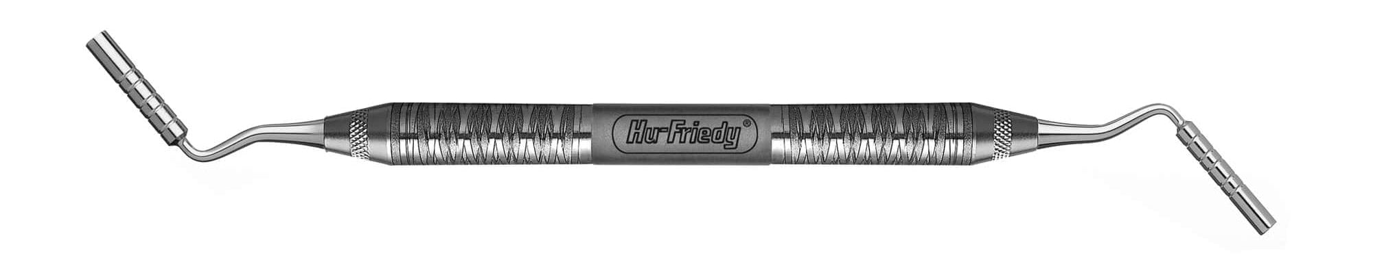 The Hu-Friedy GRISDALE BONE CONDENSER 8-10-13-15-18 is a double-ended dental instrument featuring angled, flat metal tips on both ends and a textured central grip for secure handling.