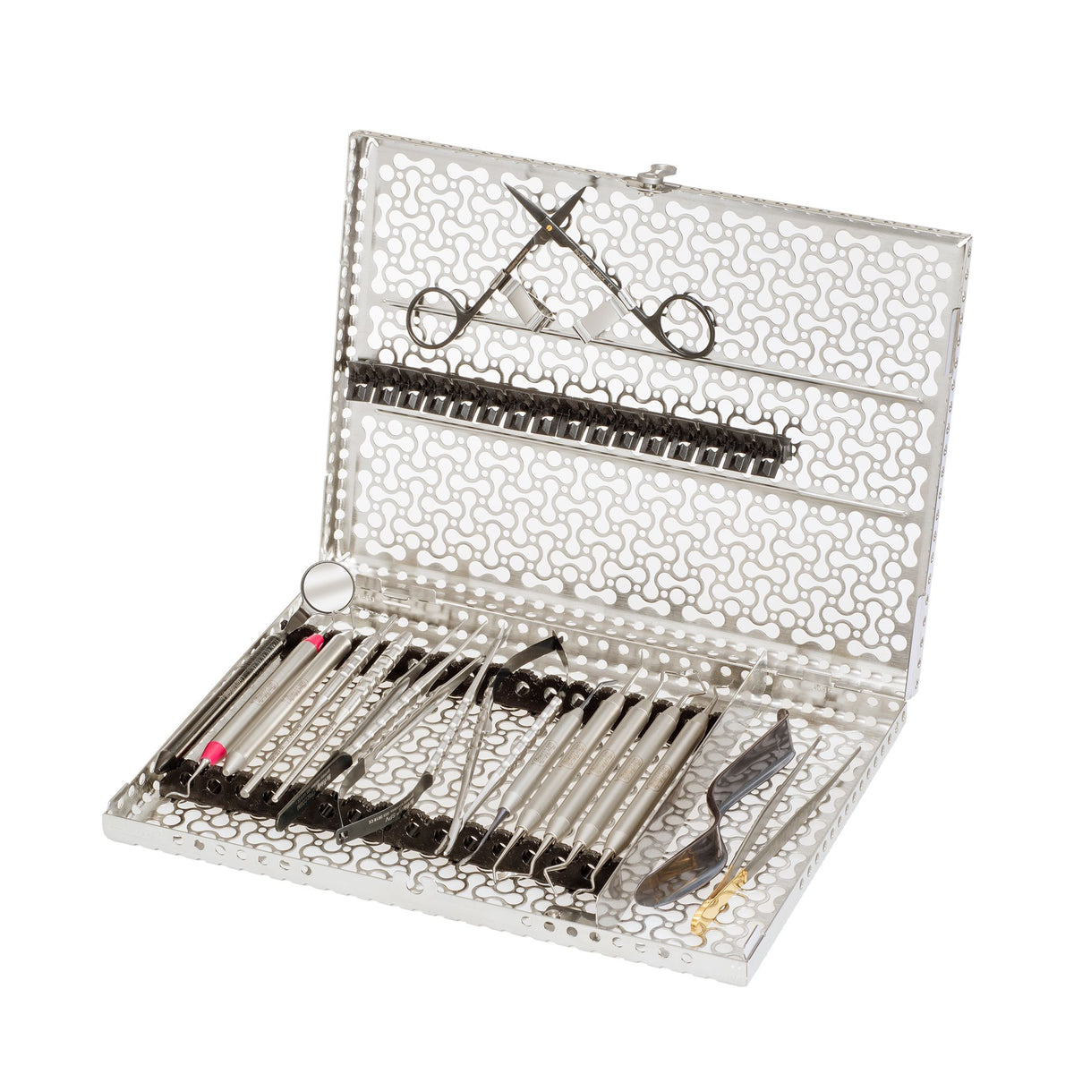 A Pink Matters® Full Kit by Hu-Friedy featuring various metal surgical tools, forceps, and a mirror organized in an open, perforated stainless steel storage tray.