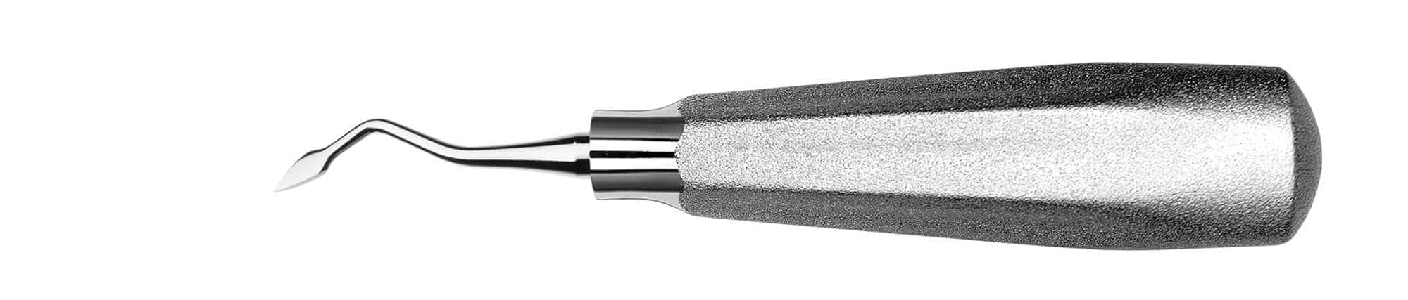 A Hu-Friedy Misch R/L Periosteal, featuring a stainless steel, textured cylindrical handle and curved pointed tip, stands upright against a white background.
