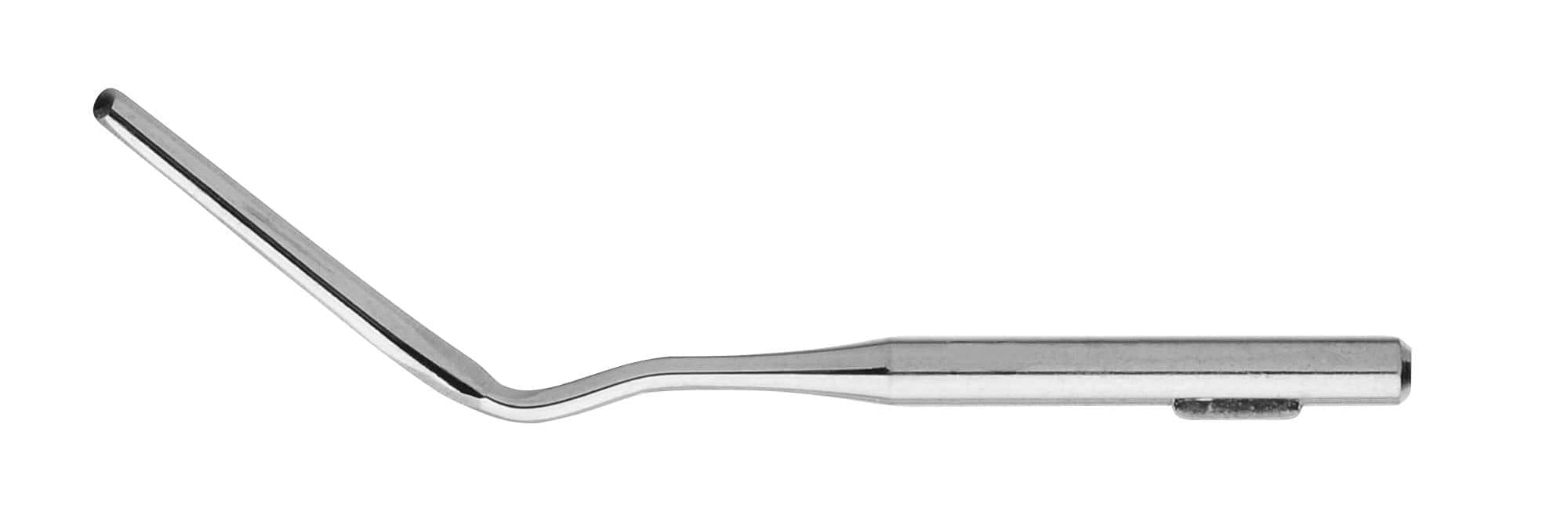 The Hu-Friedy Interchangeable Periotome Tips and Handle is a metal dental instrument with a straight handle and angled tip, designed for atraumatic extractions, commonly used in dentistry and shown on a white background.