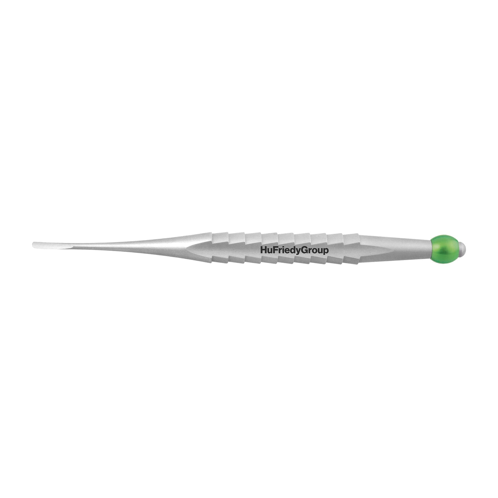 A stainless steel instrument with a textured handle labeled Hu-Friedy, a slightly curved tip, and a green cap, part of the ProLux Luxating Elevators Kit of 4—ideal for dental or surgical use.