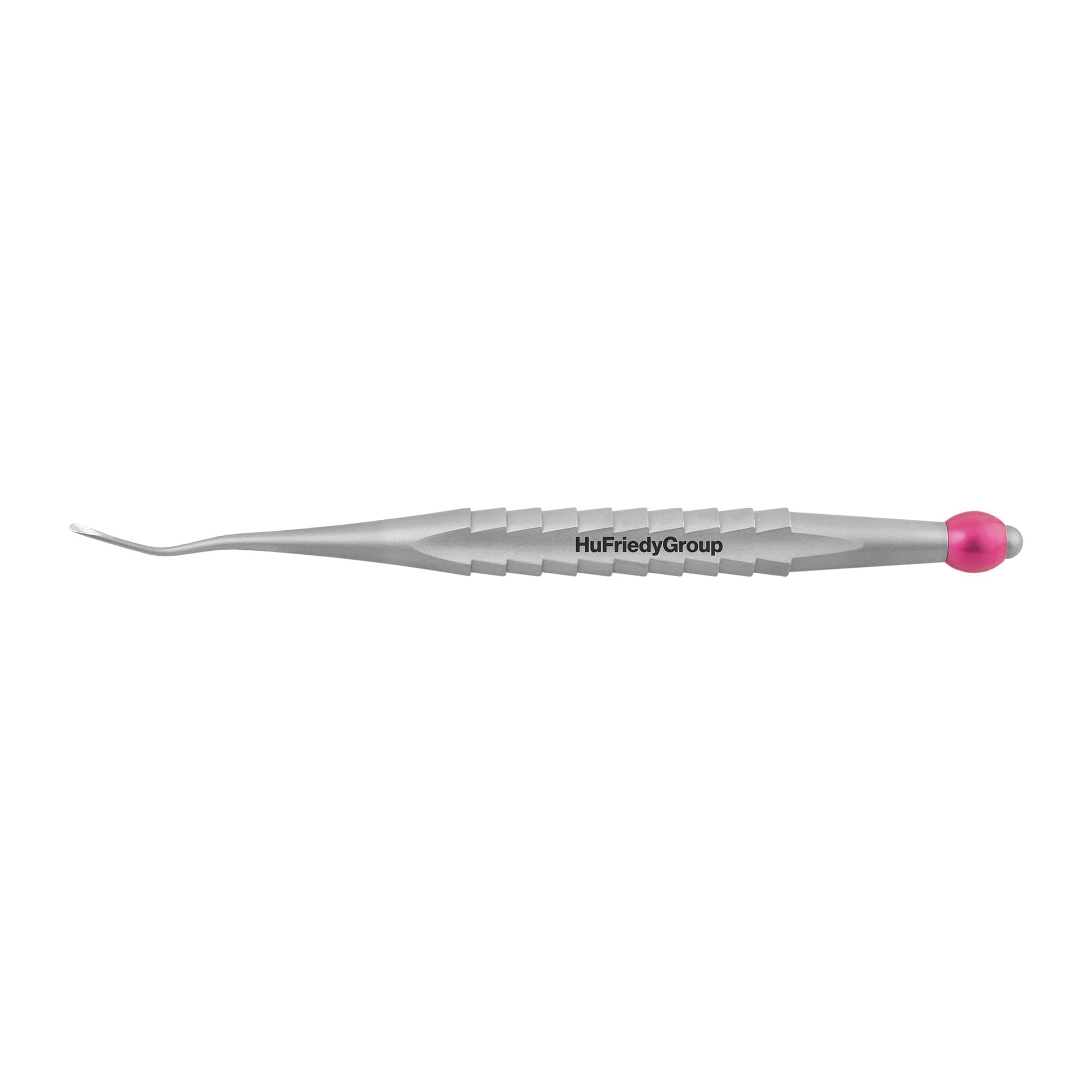 A stainless steel tool from the ProLux Luxating Elevators Kit of 4 by Hu-Friedy, featuring a textured grip, small curved tip, and pink cap. The handle is branded with Hu-Friedy.