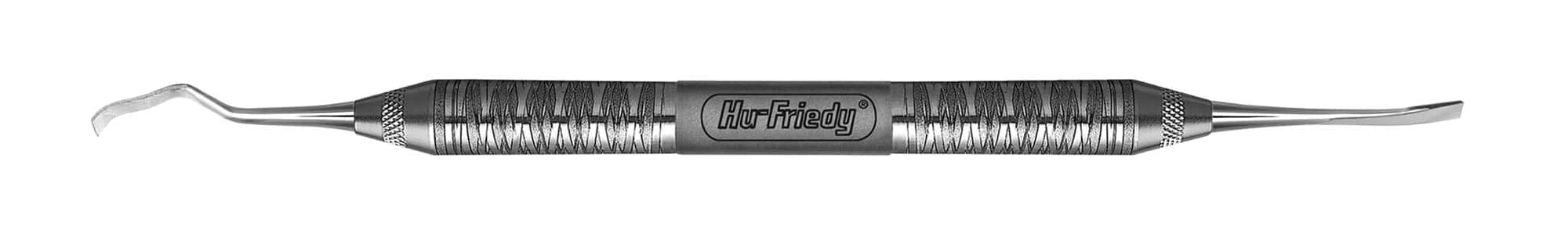 The Hu-Friedy 13K/TG Curette/Chisels is a stainless steel dental tool with two curved, pointed ends and a textured, cylindrical handle engraved with "Hu-Friedy.