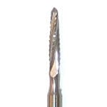 Close-up of a shiny, cylindrical Dentech Lindemann Bur - Latch Type, featuring a spiral fluted cutting surface and tapered pointed end, commonly used for precise bone cutting in dental implant surgery.