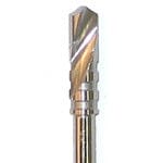 Close-up of a Dentech Twist Drill – Internal Cooling by Dentech, designed for implant osteotomy site preparation. This metallic tool features angled spiral flutes along its cylindrical shape for efficient cutting.