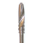 A close-up of a Dentech Twist Drill, an implant osteotomy drill with internal cooling by Dentech, featuring spiral flutes for precise shaping or removal of material in dental or surgical applications.