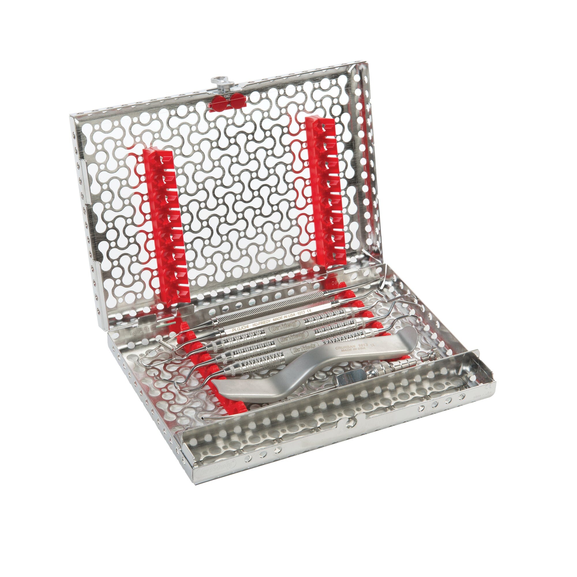 The Urban Sinus Lift Kit by Hu-Friedy, featuring a stainless steel sterilization cassette with red silicone holders and dental surgery instruments, is displayed open on a white background.
