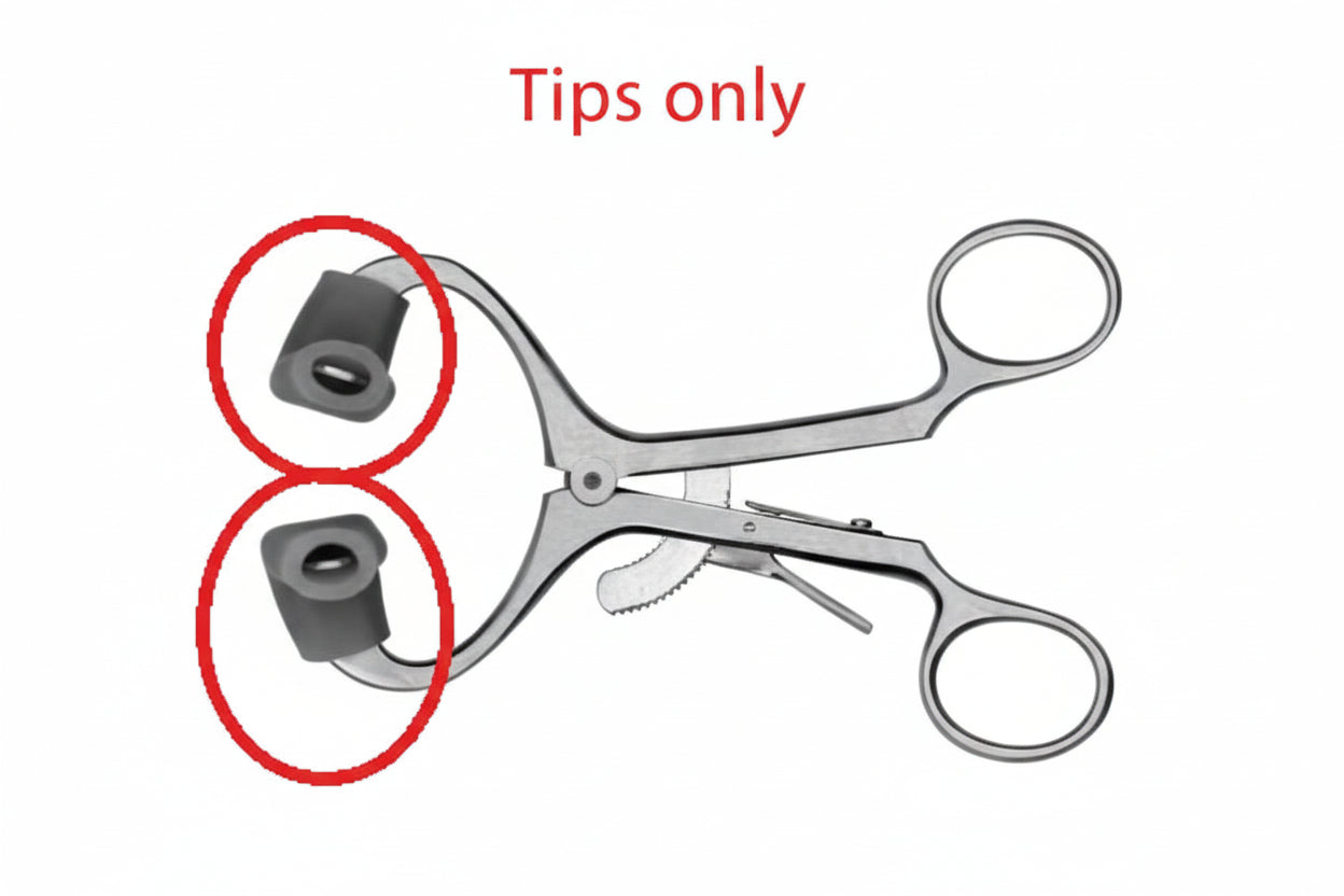 A metal surgical clamp with two black Hu-Friedy Silicone Tips for MGA (Adult), similar to Silicone Ear Tips, circled in red. The text "Tips only" highlights the focus on the silicone tips at the ends of the clamp.