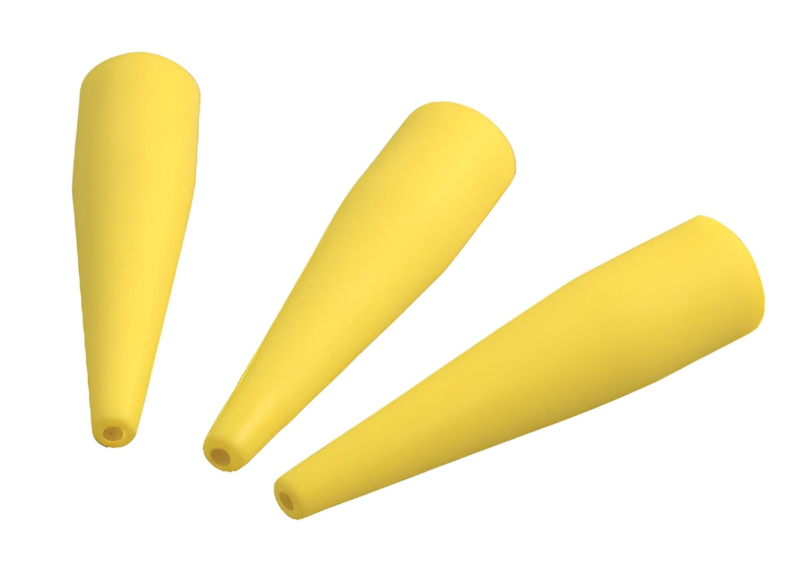 Three yellow Autoclavable Silicone Tips by Quality Aspirators are shown on a white background, each tapered with a small opening—perfect as a refill pack for the QUA-46YST aspirator.