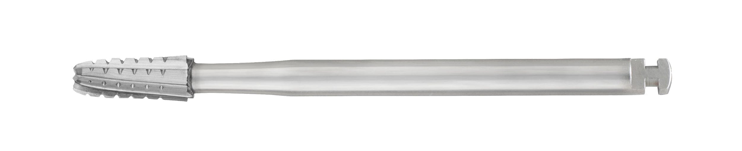 The SS White FG/RA Round-End Cross-Cut Tapered Fissure Carbide Burs (Surgical Length, Non-Sterile, 1702/1703, Pkg/5) are silver-colored cylindrical burs designed for shaping or smoothing materials, shown on a white background.