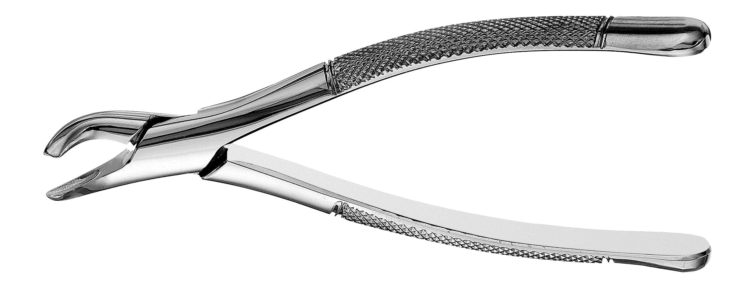 The Hu-Friedy Presidential Pediatric Extraction Forceps, featuring textured handles and curved beaks, are shown on a white background. This shiny metal tool by Hu-Friedy is designed for primary tooth extraction in dental procedures.