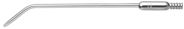 The Quality Aspirators Surgical Aspirators Extra Long 8.5" features a stainless steel, 45° bent surgical nozzle with a threaded end for tubing attachment to dental instruments.