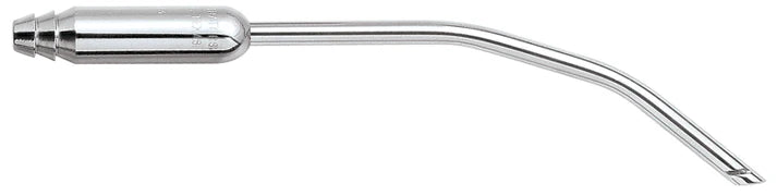 The Quality Aspirators Surgical Aspirator 4.0mm Double Bend & Tissue Relief Slots - HVE features a double-bend metal design, slightly curved tapered nozzle, and shiny reflective surface.
