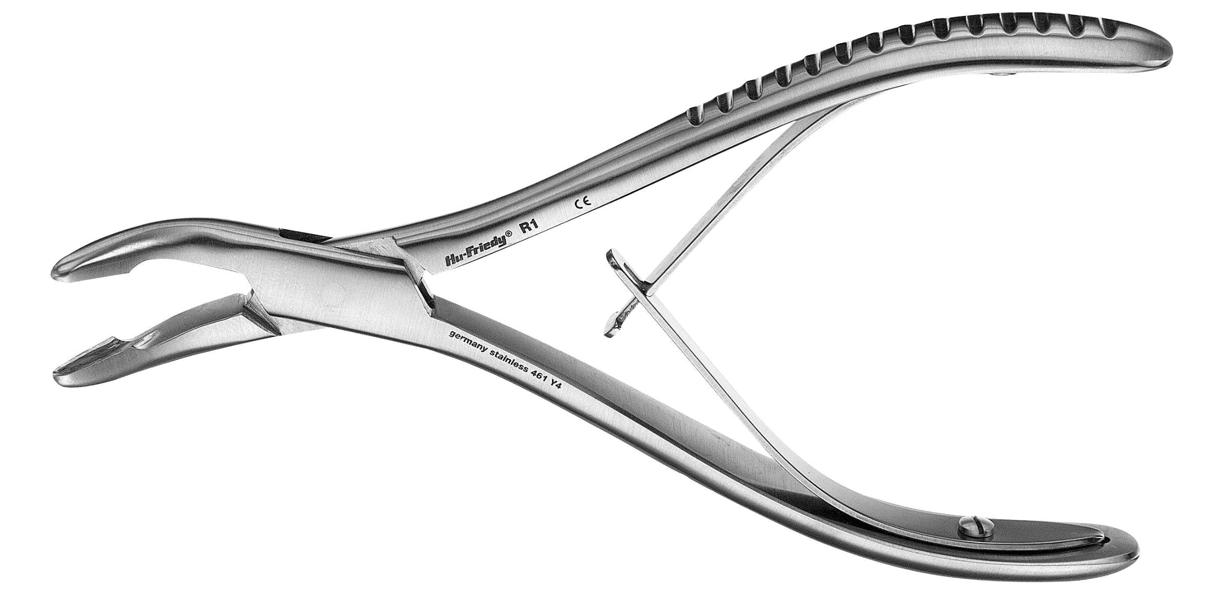 Hu-Friedy Numbered Pattern Rongeurs (R1, R15, R18, R5) by Hu-Friedy are stainless steel surgical instruments with curved handles and spring mechanisms, ideal for alveolar bone trimming in oral surgery, shown on a white background.