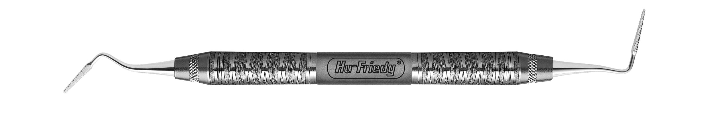 The Hu-Friedy Sugarman Periodontal Surgical Files feature a textured central grip and thin, angled metal tips at both ends, offering excellent interproximal access during periodontal surgery. The handle is marked with the Hu-Friedy brand name.