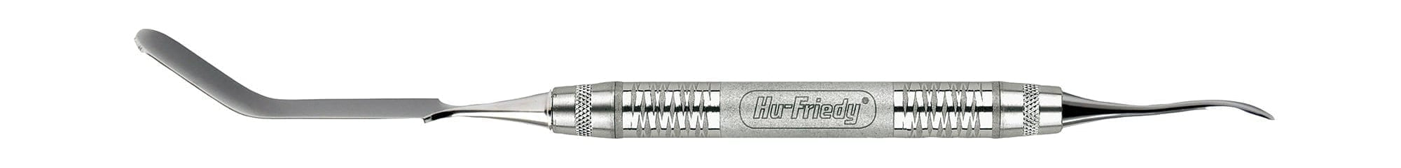 The Hu-Friedy Modified PPLABANCA Periosteal with #6 handle features two differently angled ends—one curved, one bent—crafted from stainless steel and shown isolated on a white background.