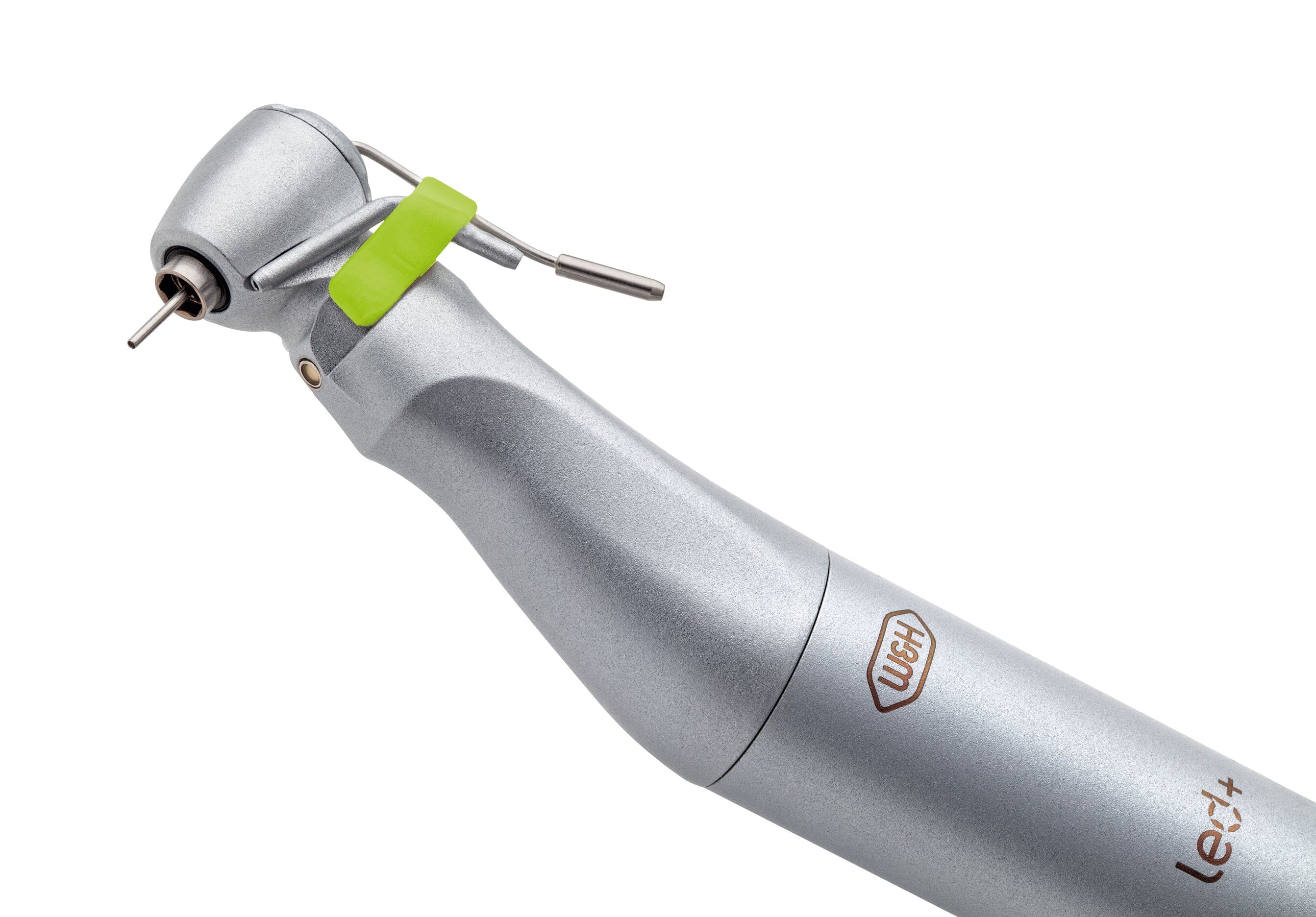 A close-up of a silver W&H WS-75 Implant Contra-Angle Handpiece (20:1) with a small rotating drill at the tip, featuring a green lever and the W&H logo on the handle.