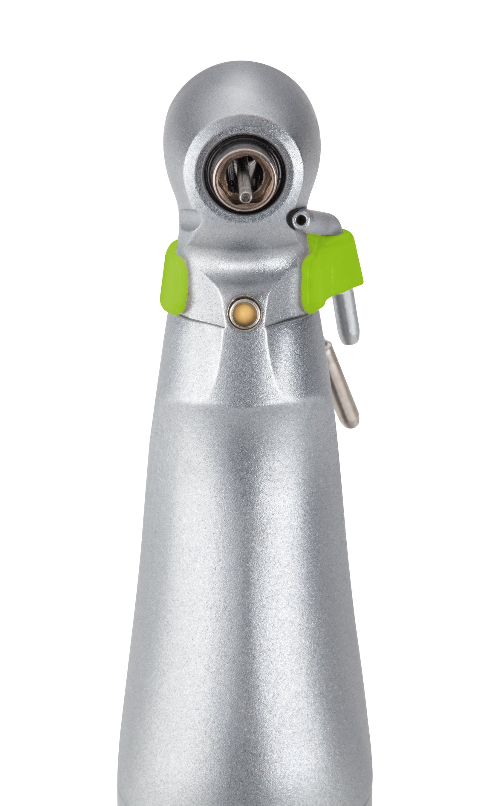Close-up of the W&H WS-75 Implant Contra-Angle Handpiece (20:1) featuring a metallic round head, central attachment point, and green accents, ideal for implant site preparation. Brand: W&H. Isolated on a white background.