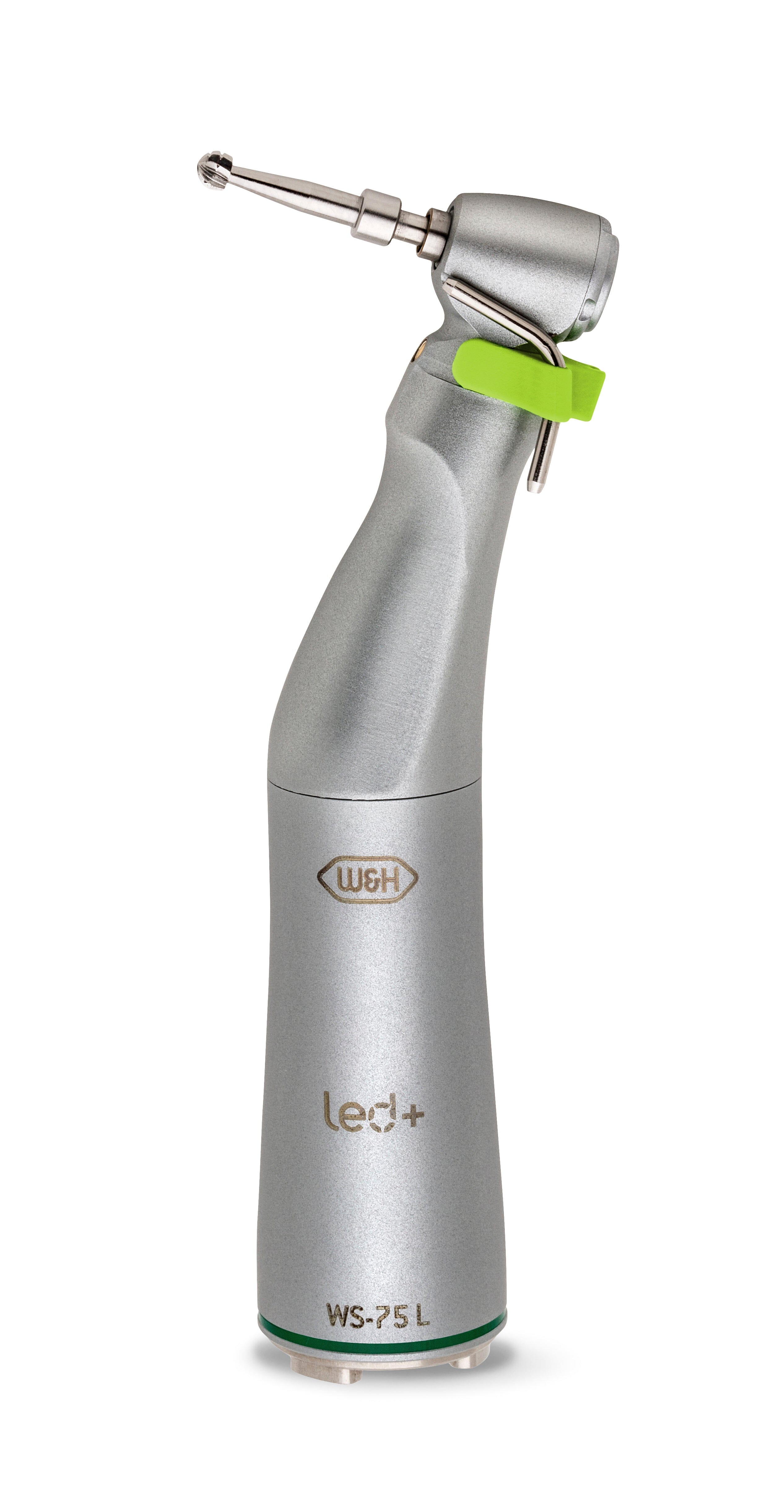 The W&H WS-75 Implant Contra-Angle Handpiece (20:1), a silver dental tool with a green latch, stands upright on a white background.