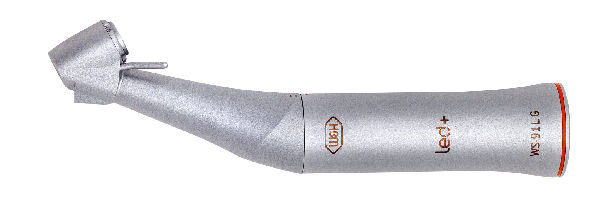 A close-up of the W&H WS-91 45° Surgical Contra-Angle Handpiece (1:2.7 Increasing Speed) from W&H, featuring a silver finish and visible product markings, designed for wisdom tooth surgery, displayed against a white background.
