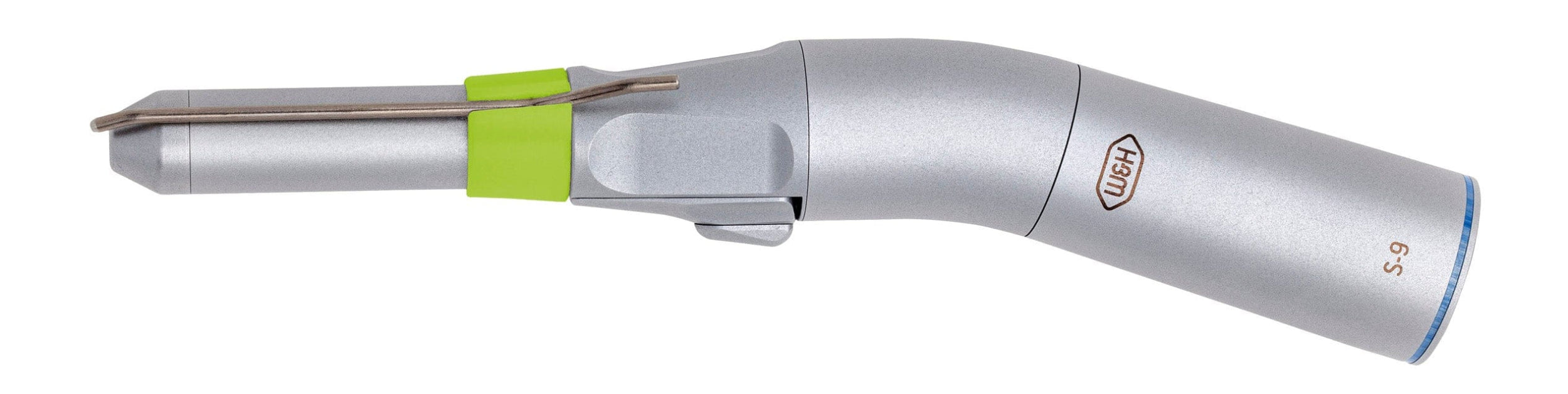 The W&H S-9 Angled Surgical Handpiece (1:1) by W&H features a green irrigation cannula accent ring, ergonomic grip, and angled head for efficient bone cutting in oral surgery.