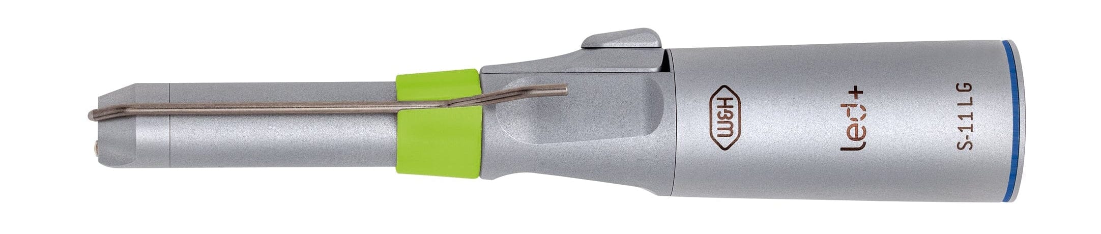 The W&H S-11LG self-generating LED Straight Surgical Handpiece (1:1) lies horizontally on white background, showcasing its silver body, green irrigation tube ring near the top, and side metallic lever—ideal for precision in oral surgery.