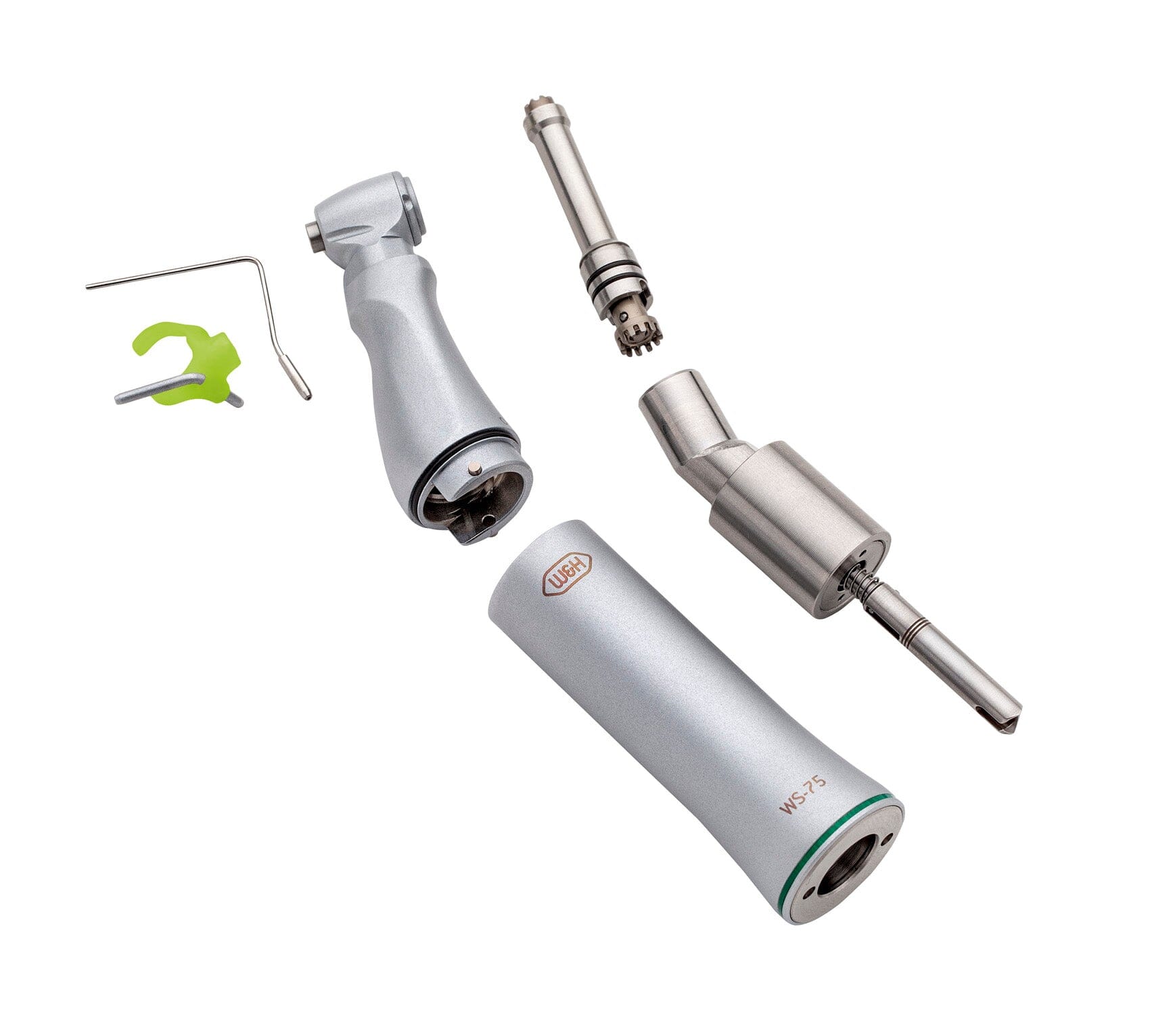 The W&H WS-75 Implant Contra-Angle Handpiece (20:1) set by W&H includes a metallic handpiece, two implant preparation attachments, and a green adjustment tool, all displayed on a white background.