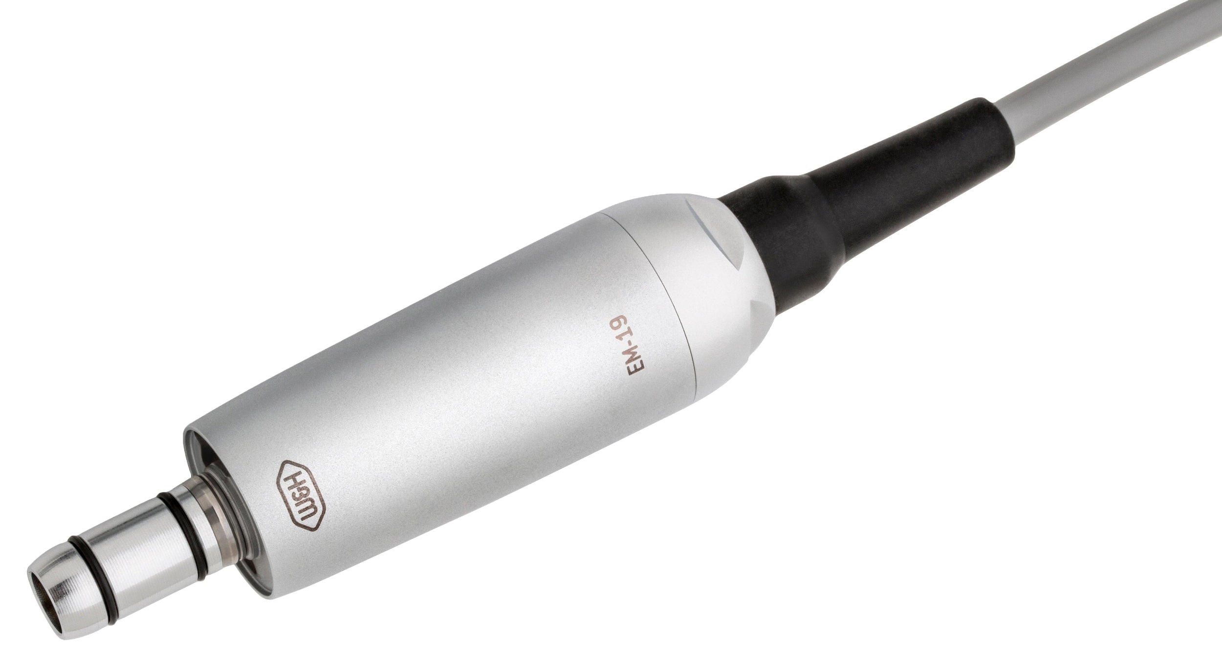 A close-up of a silver audio jack connector with a black tip and gray cable, part of the Spare Motor Cable for W&H Implant Motors by W&H, photographed on a white background.