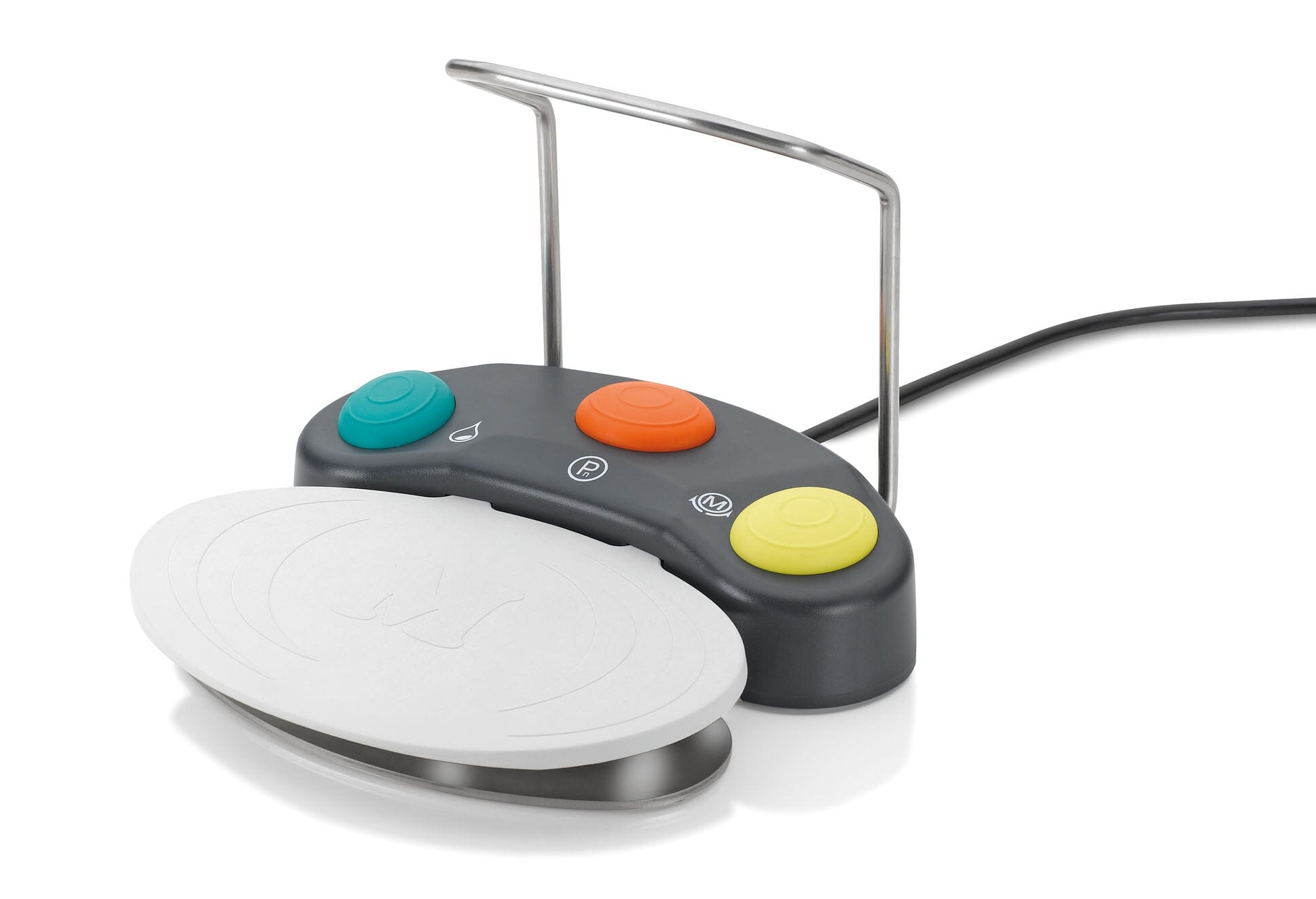 The W&H Foot Control for Implant Motors and Surgical Systems is a compact, gray device with a metal handle, teal/orange/yellow buttons, white circular pressing plate, and rear power cord—designed to complement W&H equipment.