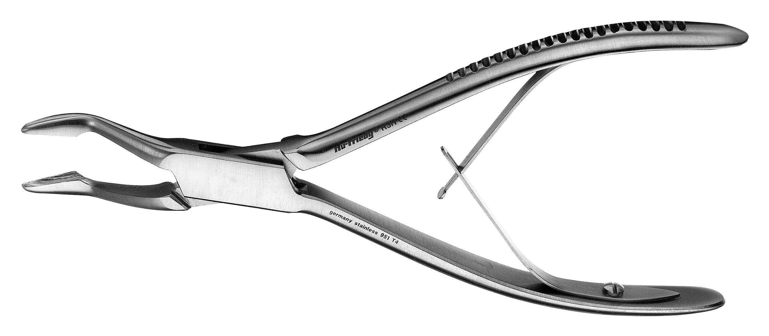 The Hu-Friedy 3H Dean Rongeurs by Hu-Friedy are stainless steel instruments with a textured handle and spring mechanism, ideal for bone removal in oral surgery and often used alongside dental extraction forceps.