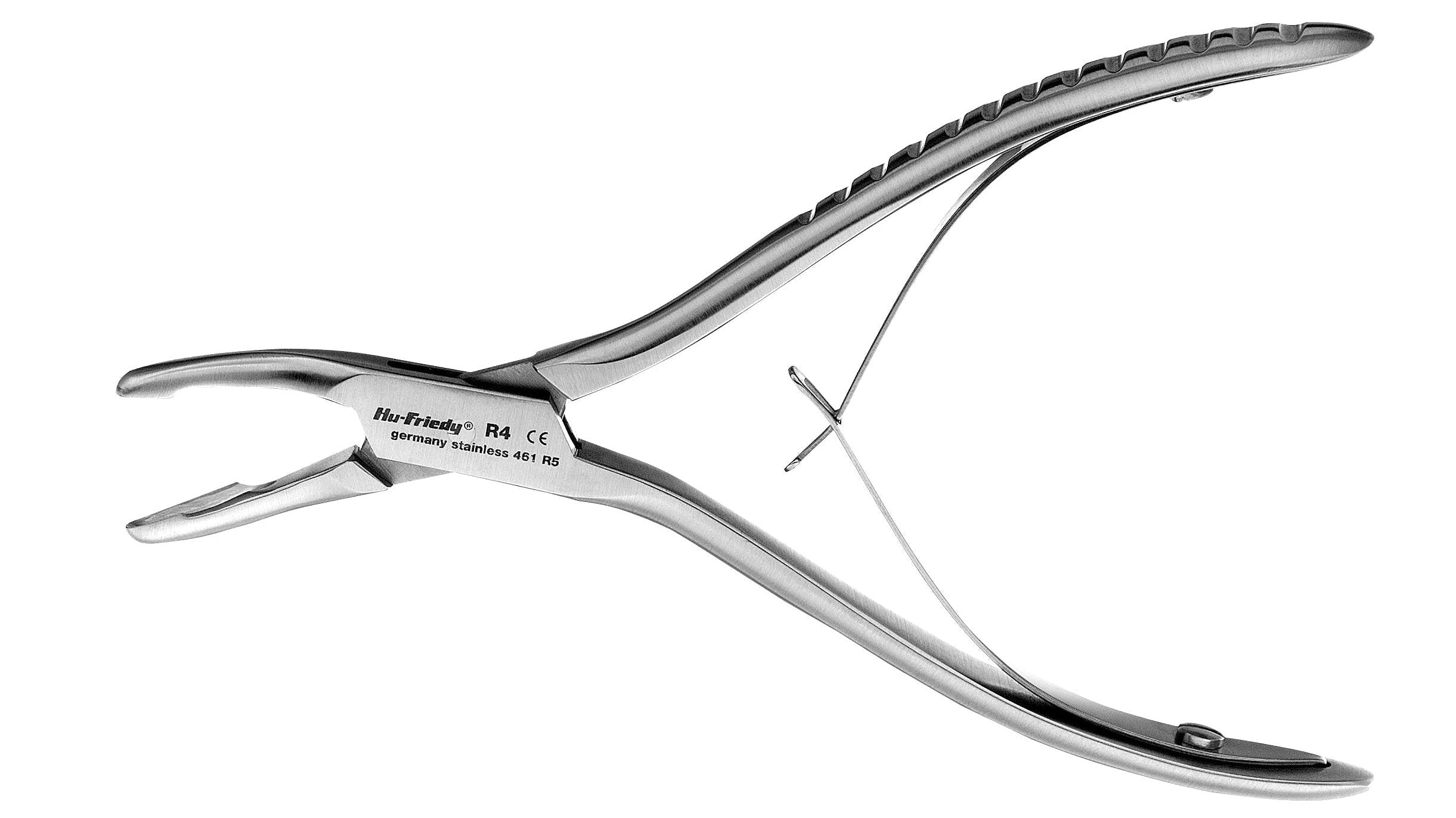 The Hu-Friedy Cleveland Rongeurs is a stainless steel orthodontic instrument with curved handles, a spring mechanism, and a notched tip—ideal for oral surgery tasks like alveolar bone trimming. Shown against a white background.