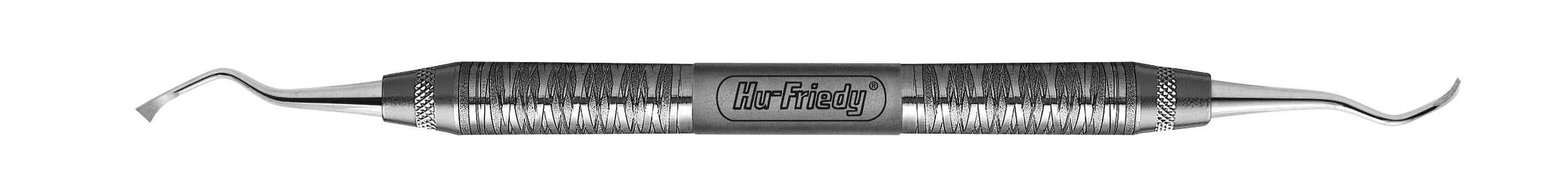 The Hu-Friedy 44/45 Remington Periodontal Hoe Scaler/Chisels is a double-ended dental tool with textured handles and angled tips for bone removal or osseous contouring, featuring the "Hu-Friedy" brand at the center.