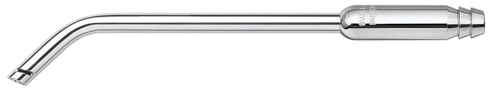 A close-up of the Quality Aspirators Surgical Aspirator with Tissue Relief Slots – HVE, featuring a curved, angled end and ribbed handle, designed to efficiently remove fluids during dental procedures.