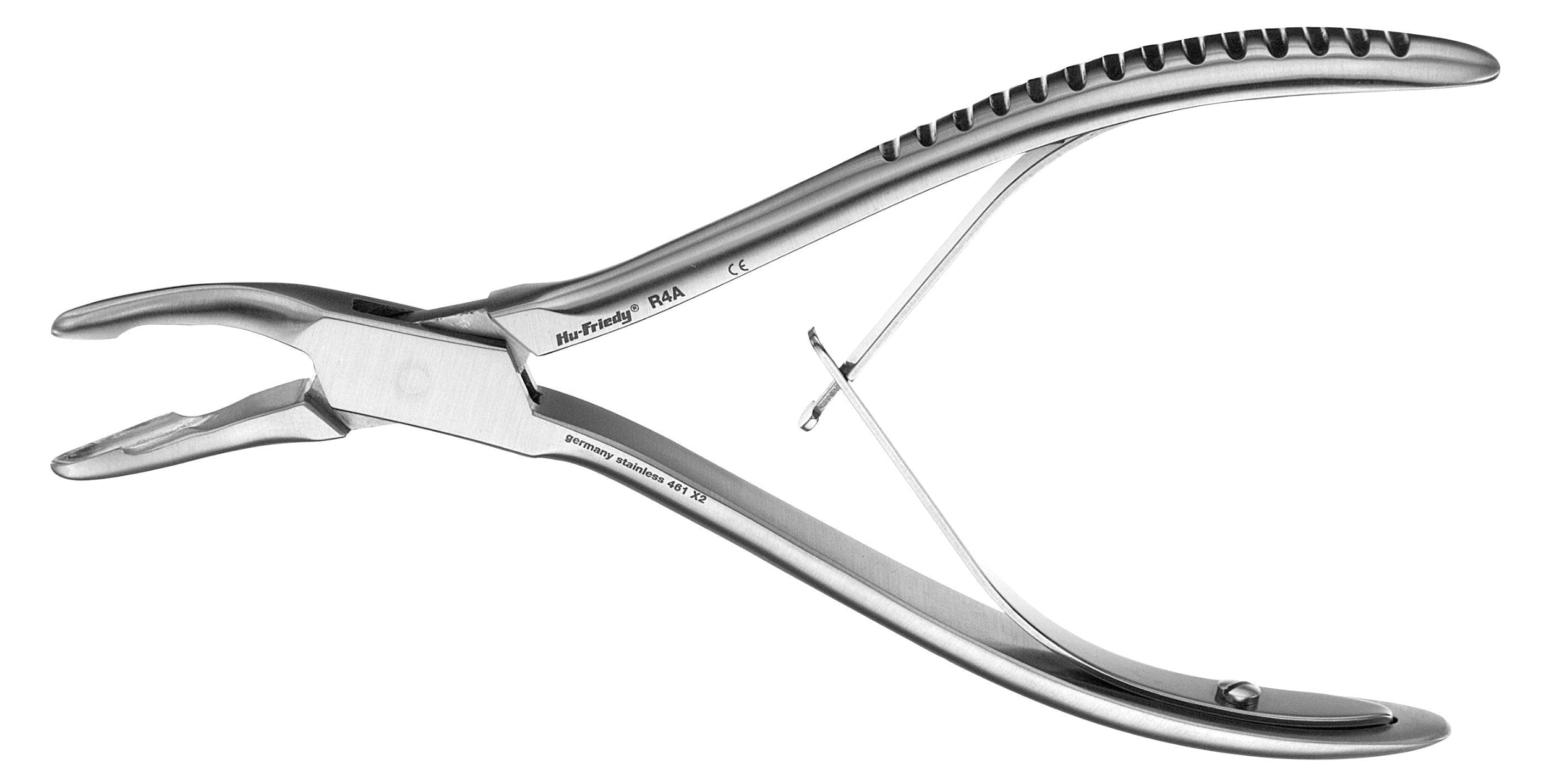 The Hu-Friedy Cleveland Rongeurs by Hu-Friedy features a stainless steel build, curved handle, serrated grip, and spring mechanism—ideal for oral surgery and alveolar bone trimming during tooth extractions.