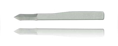 A Surgistar Miniature Scalpel Blade - Non Malleable, featuring a metallic beveled tip and rectangular handle, rests on a white reflective surface.