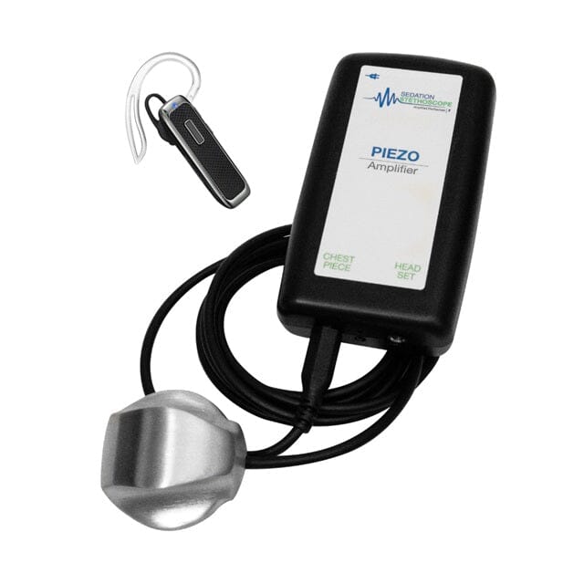 The Xemax Surgical Products Inc. Sedation Stethoscope Complete Kit – Version 5.1 – Wireless includes a black Piezo amplifier with attached chest piece and a wireless earpiece, ideal for dental sedation monitoring or as a wireless amplifier stethoscope.