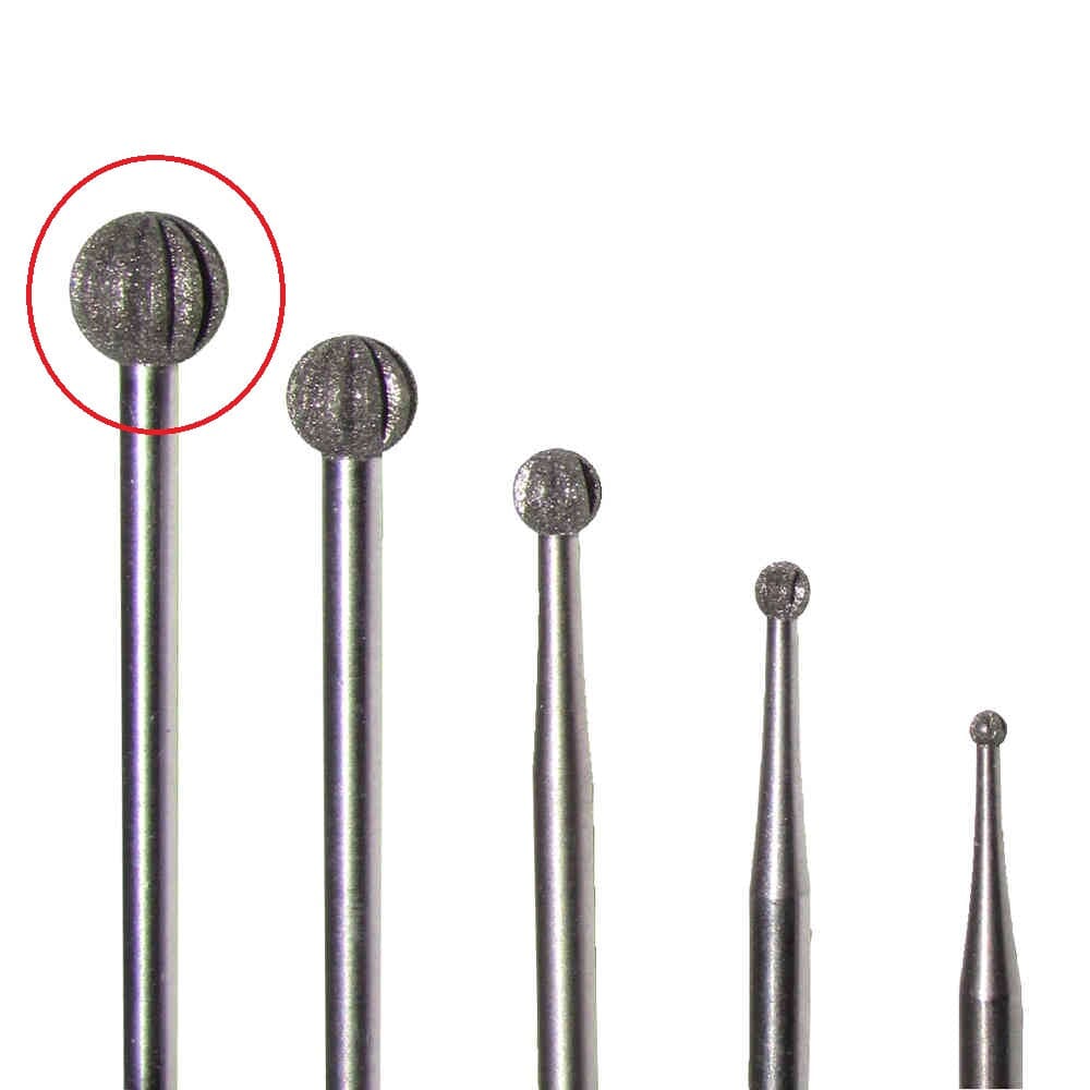 Five round Dentech DIAMOND BUR ROUND rotary tool bits of different sizes are arranged upright in a row; the largest, a 6.0mm RIPPL bit, is on the left and outlined in red.