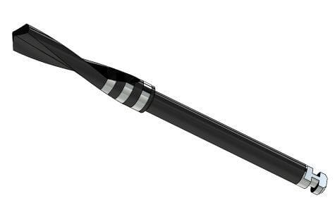 The Dentech Twist Drill Black — a DLC-coated, cylindrical surgical drill with a hexagonal nut and twisted spiraled end — is shown isolated on a white background.