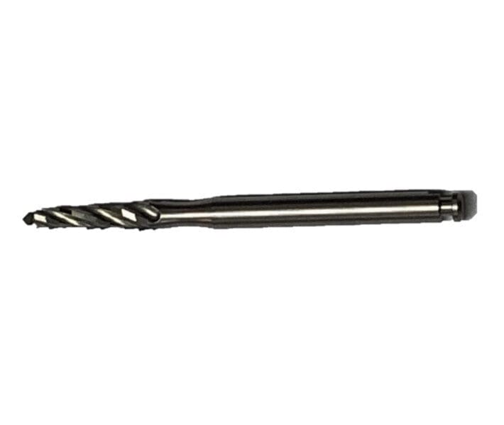The Dentech Lindemann Drill 2.5mm is an externally cooled stainless steel surgical bur with a twisted shaft and flat end, ideal for bone cutting or implant site prep. The drill bit is shown horizontally on a white background.